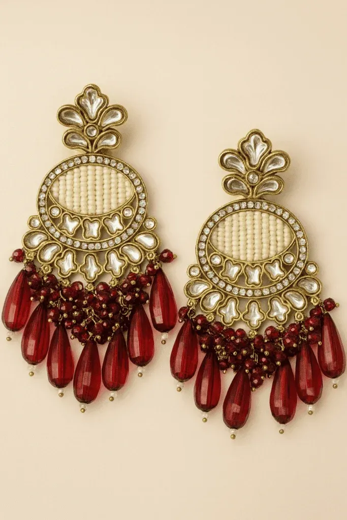 Indyjskie etniczne kolczyki online Innisai Red z perłami i czerwonymi kryształkami