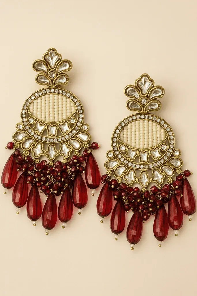 Tradycyjne kolczyki Indyjskie Innisai Red Indyjskie etniczne kolczyki online Innisai Red z perłami i czerwonymi kryształkami