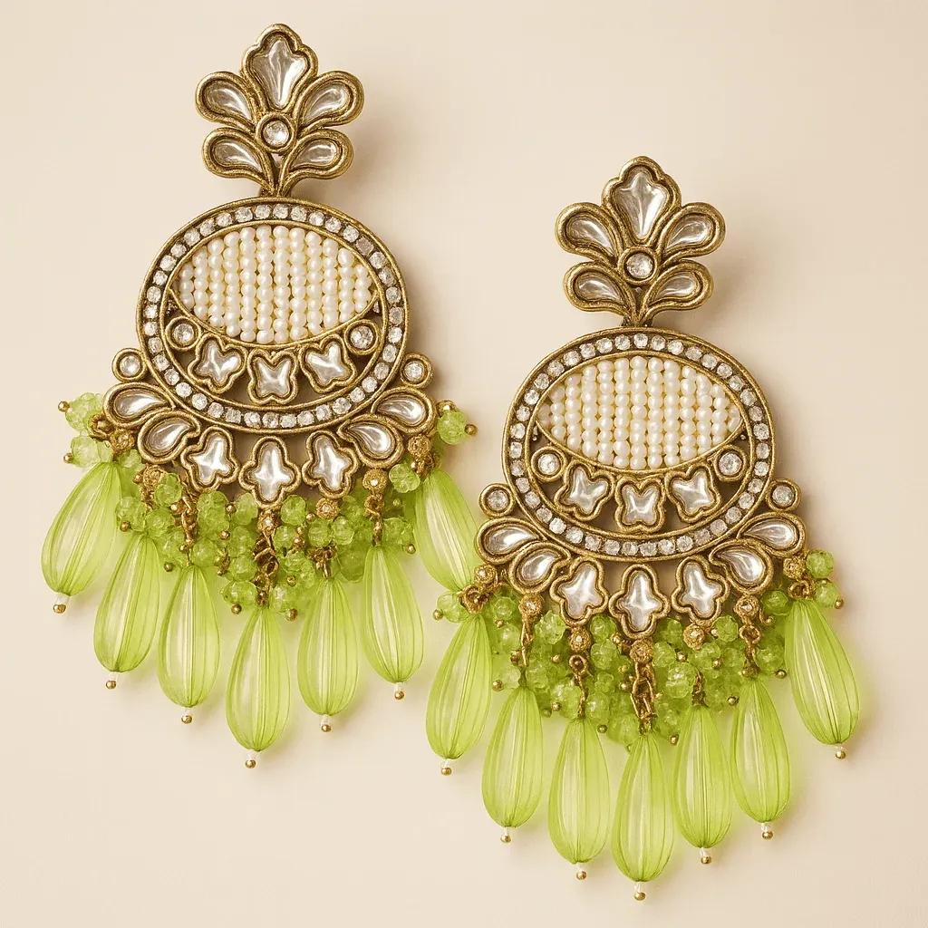 Tradycyjne kolczyki Indyjskie Innisai Indyjskie etniczne kolczyki online Innisai z perłami i zielonymi zdobieniami
